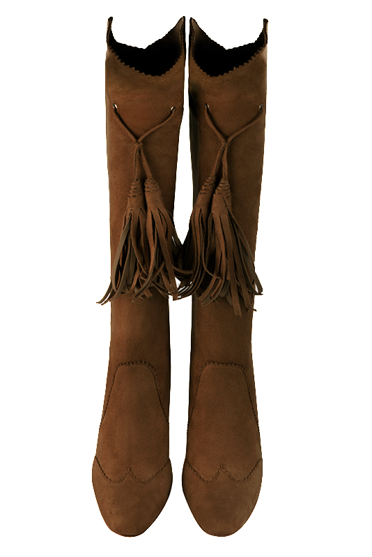 Caramel brown women's cowboy boots. Round toe. Very high kitten heels. Made to measure. Top view - Florence KOOIJMAN